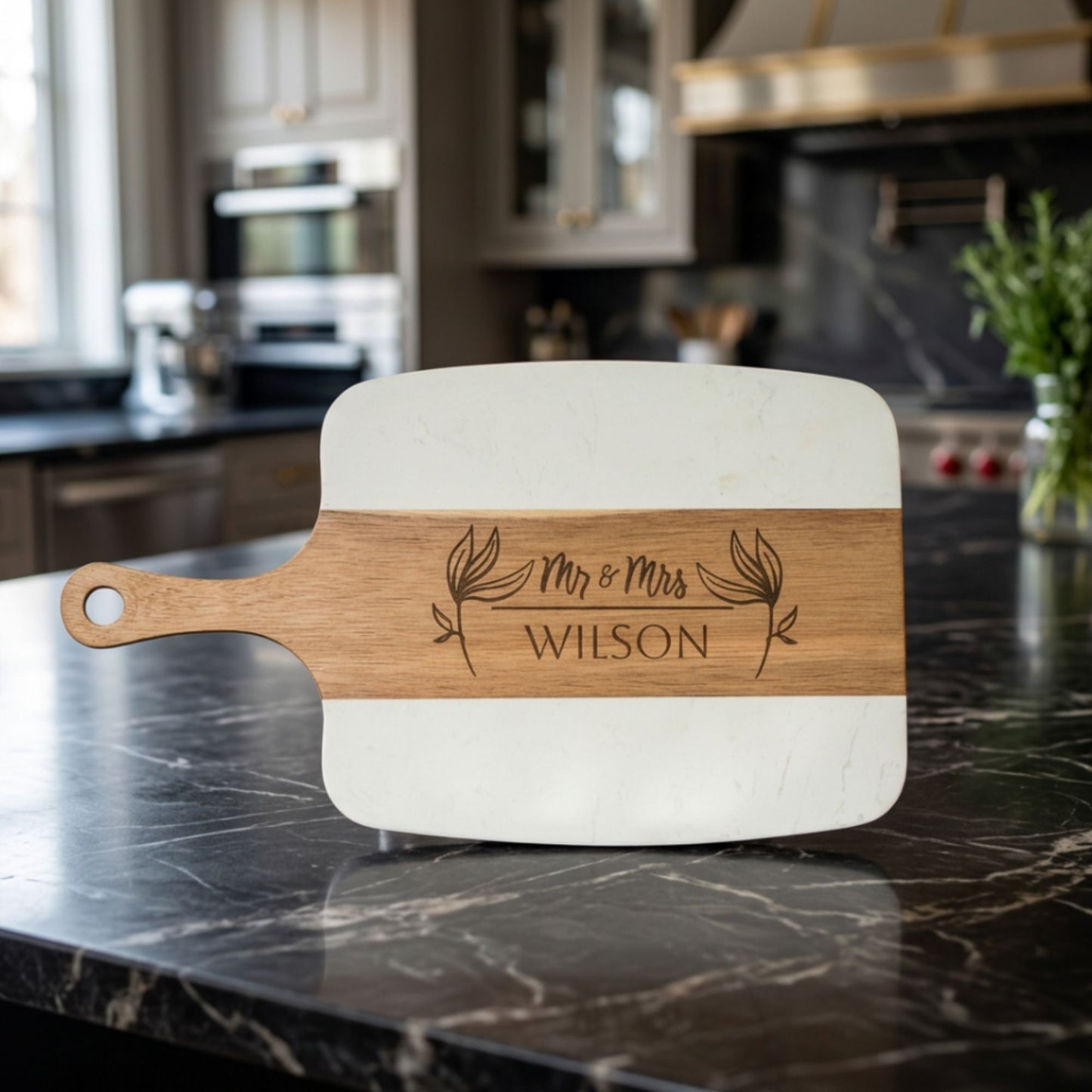 Personalized Marble Acacia Serving Board | Custom Engraved Charcuterie Board | Wedding Housewarming Gift