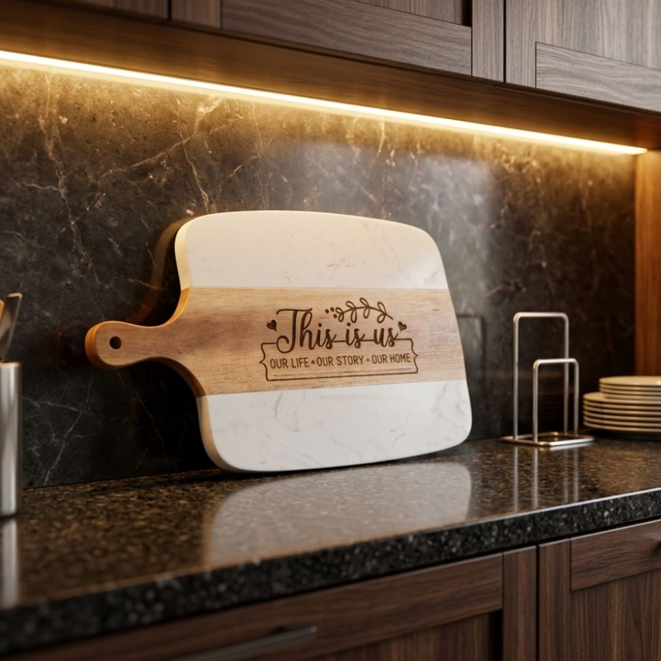 Personalized Marble Acacia Serving Board | Custom Engraved Charcuterie Board | Wedding Housewarming Gift