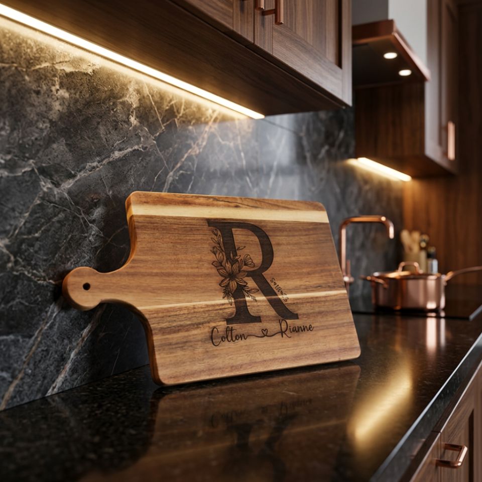 Personalized Engraved Acacia Wood Cutting Board | Custom Laser Engraved Paddle Board | Wedding Gift | Housewarming | Anniversary | Family Gift