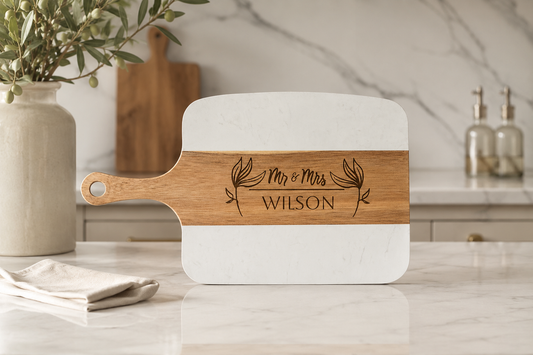Personalized Marble Acacia Serving Board | Custom Engraved Charcuterie Board | Wedding Housewarming Gift