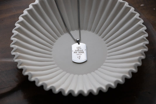 He Restores My Soul Necklace, Psalm 23:3 Jewelry, Christian Dog Tag Pendant, Bible Verse Necklace, Faith Gift for Her or Him