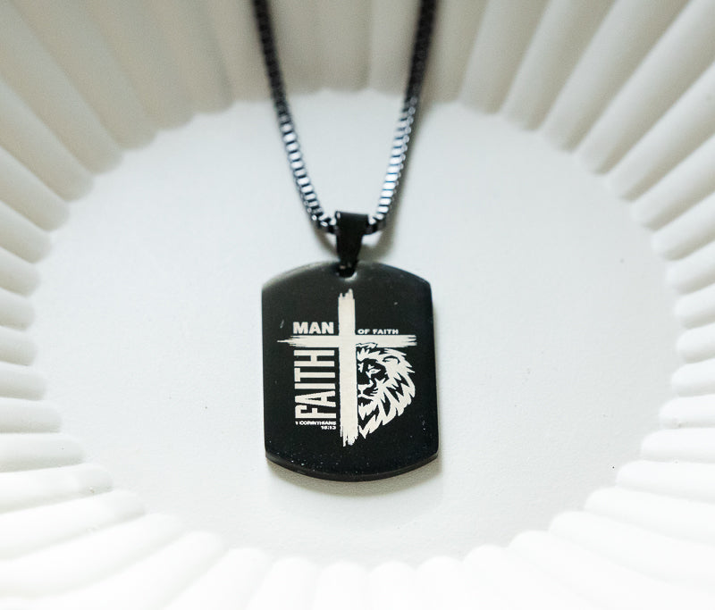 Men of Faith Cross Necklace, Christian Dog Tag Necklace for Men, Lion of Judah Pendant, Bible Verse Jewelry, Gift for Him, Stainless Steel