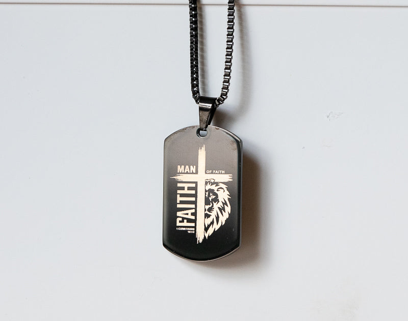 Men of Faith Cross Necklace, Christian Dog Tag Necklace for Men, Lion of Judah Pendant, Bible Verse Jewelry, Gift for Him, Stainless Steel