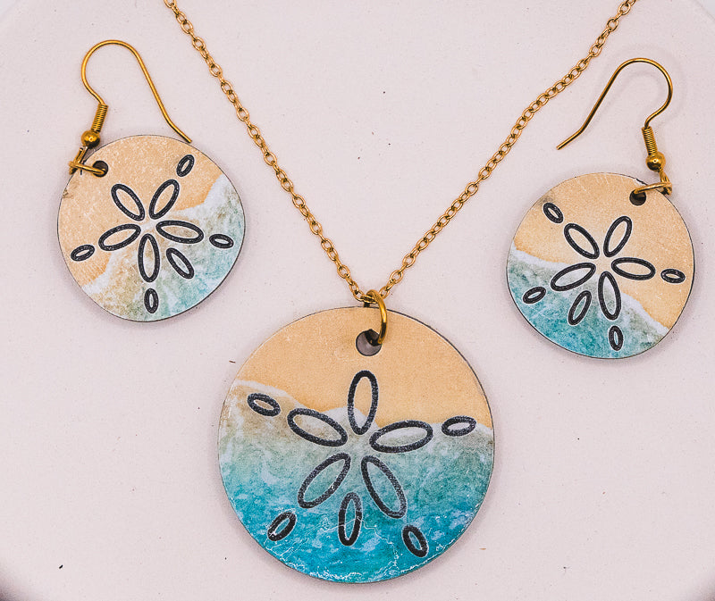 Beach Jewelry Set Necklace and Earrings | Laser Engraved Acrylic | Sand Dollar or Starfish | Gold or Silver | Ocean Gift for Her