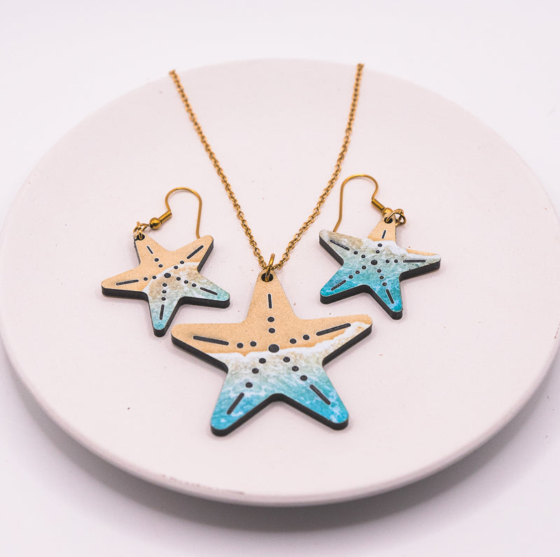Beach Jewelry Set Necklace and Earrings | Laser Engraved Acrylic | Sand Dollar or Starfish | Gold or Silver | Ocean Gift for Her