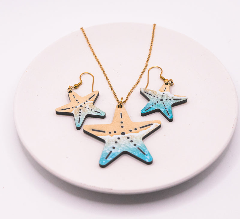 Beach Jewelry Set Necklace and Earrings | Laser Engraved Acrylic | Sand Dollar or Starfish | Gold or Silver | Ocean Gift for Her