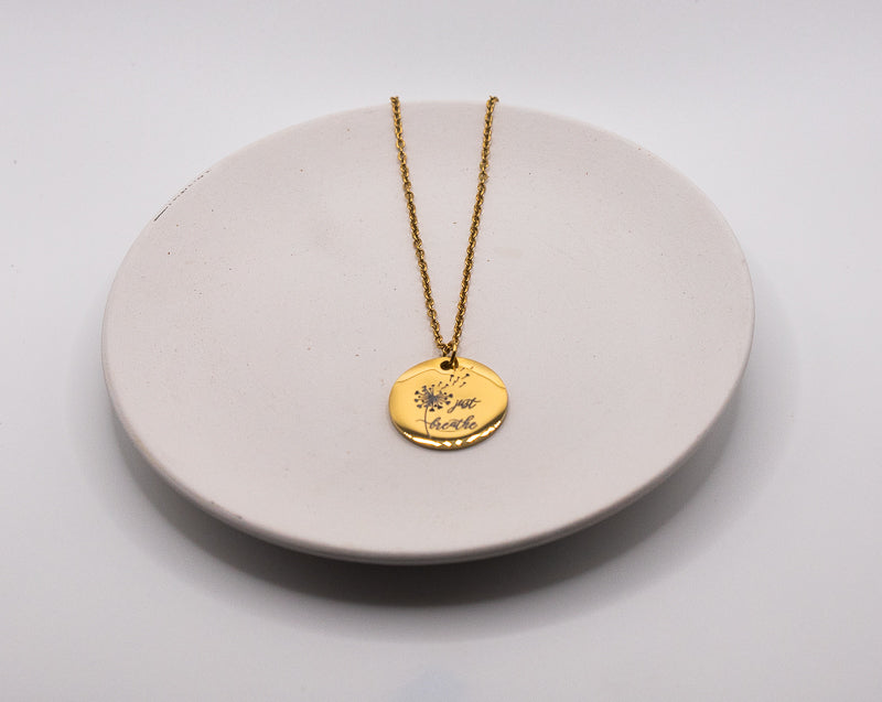 Just Breathe Dandelion Necklace | Engraved Disc Necklace | Inspirational Jewelry Gift | Mindfulness Necklace | Gift for Her