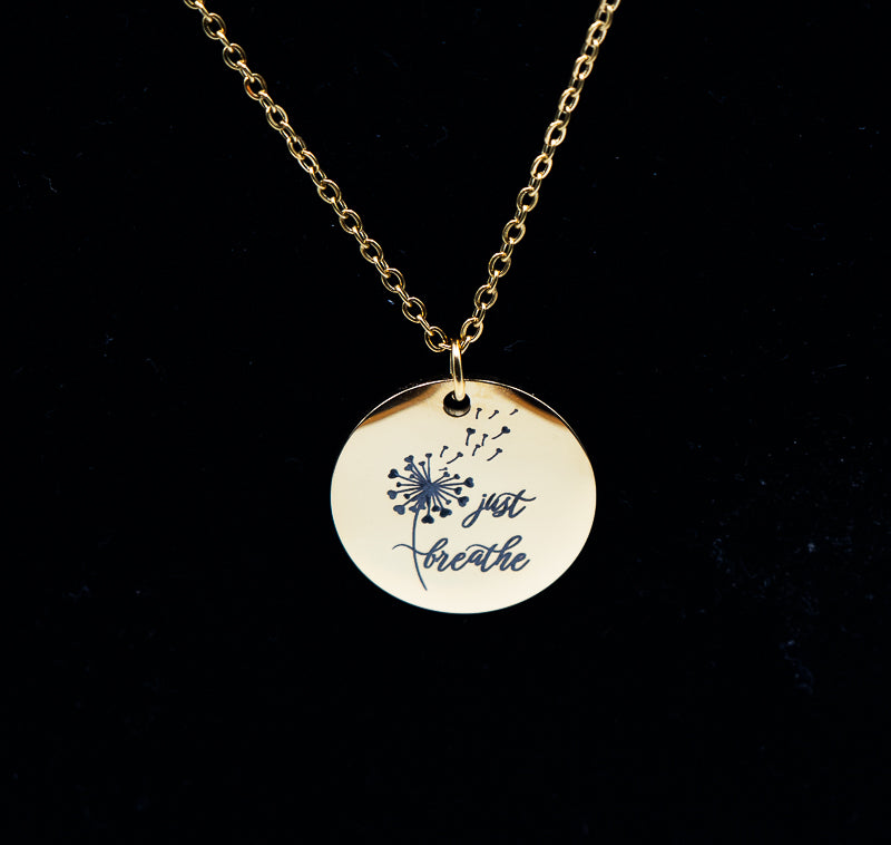 Just Breathe Dandelion Necklace | Engraved Disc Necklace | Inspirational Jewelry Gift | Mindfulness Necklace | Gift for Her