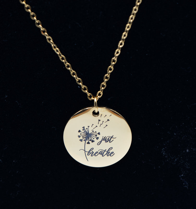 Just Breathe Dandelion Necklace | Engraved Disc Necklace | Inspirational Jewelry Gift | Mindfulness Necklace | Gift for Her