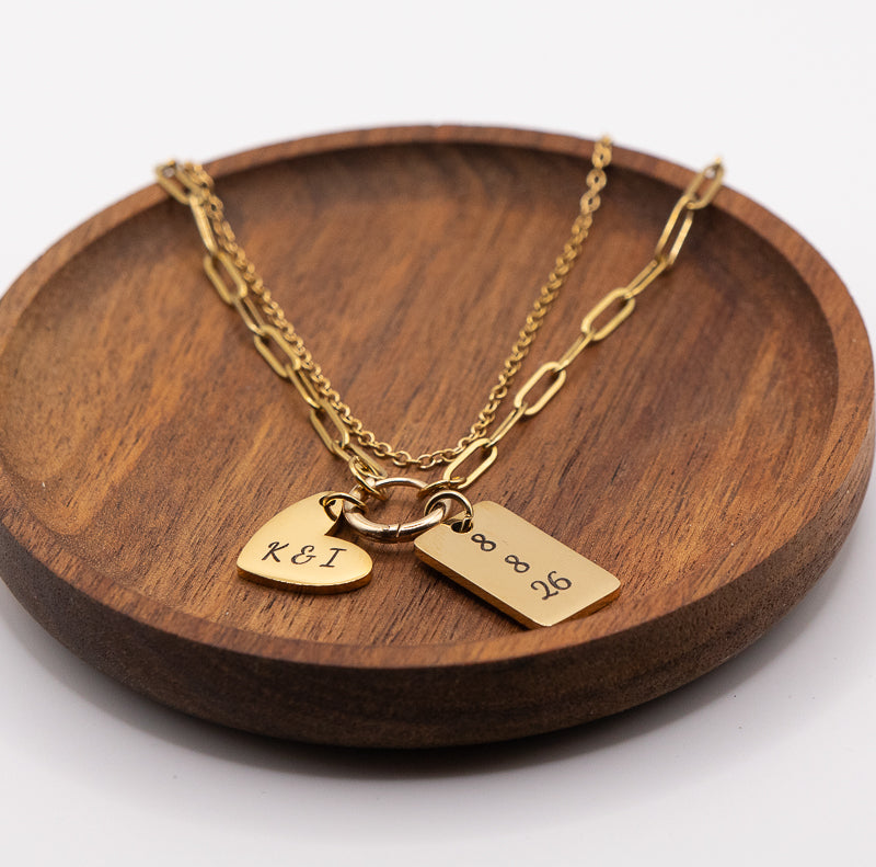 Gold Layered Illusion Necklace with Engraved Charms | Personalized Double Chain Necklace | Custom Gift for Her | Dainty Paperclip Chain Necklace