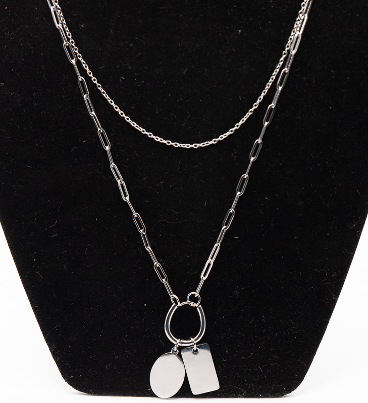 Silver Layered Illusion Necklace with Engraved Charms | Personalized Double Chain Necklace | Custom Gift for Her | Dainty Paperclip Chain Necklace