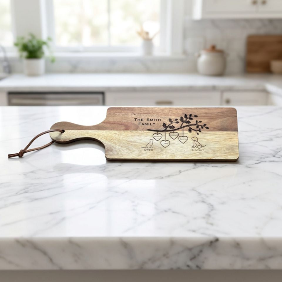 Personalized Engraved Acacia Wood Cutting Board | Custom Laser Engraved Paddle Board | Wedding Gift | Housewarming | Anniversary | Family Gift