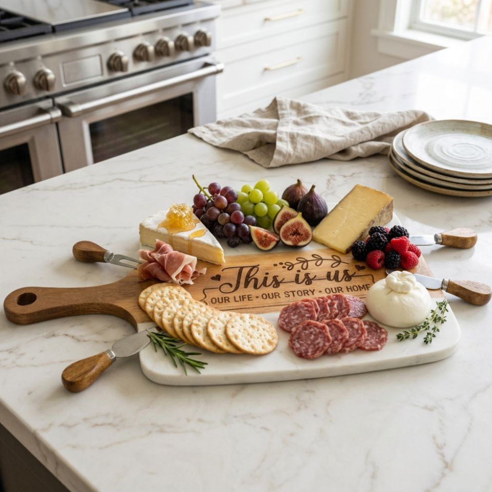 Personalized Marble Acacia Serving Board | Custom Engraved Charcuterie Board | Wedding Housewarming Gift