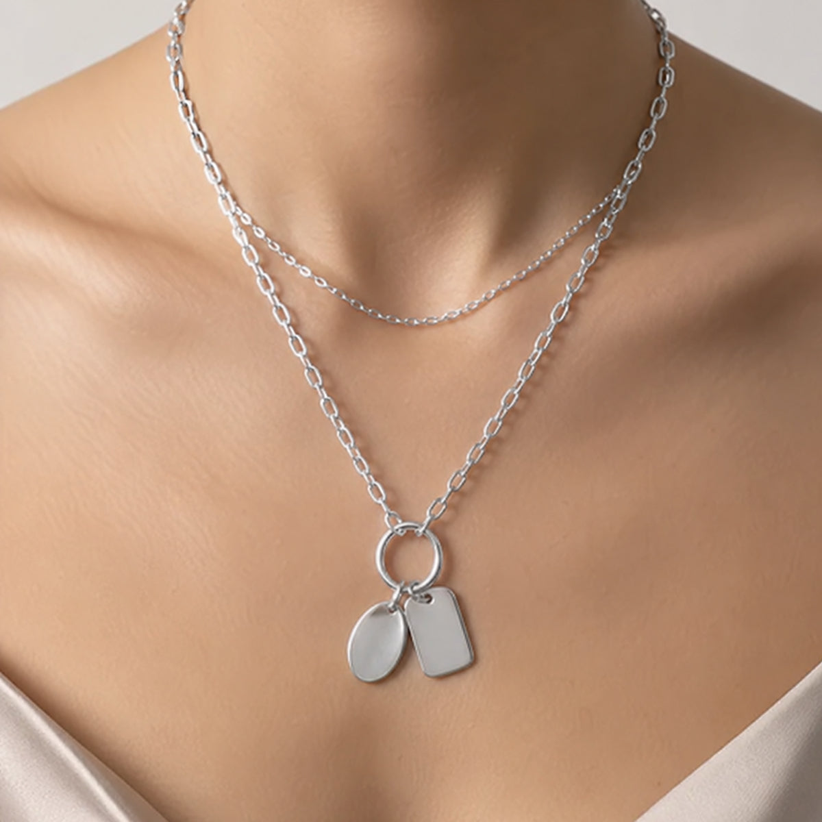 Silver Layered Illusion Necklace with Engraved Charms | Personalized Double Chain Necklace | Custom Gift for Her | Dainty Paperclip Chain Necklace