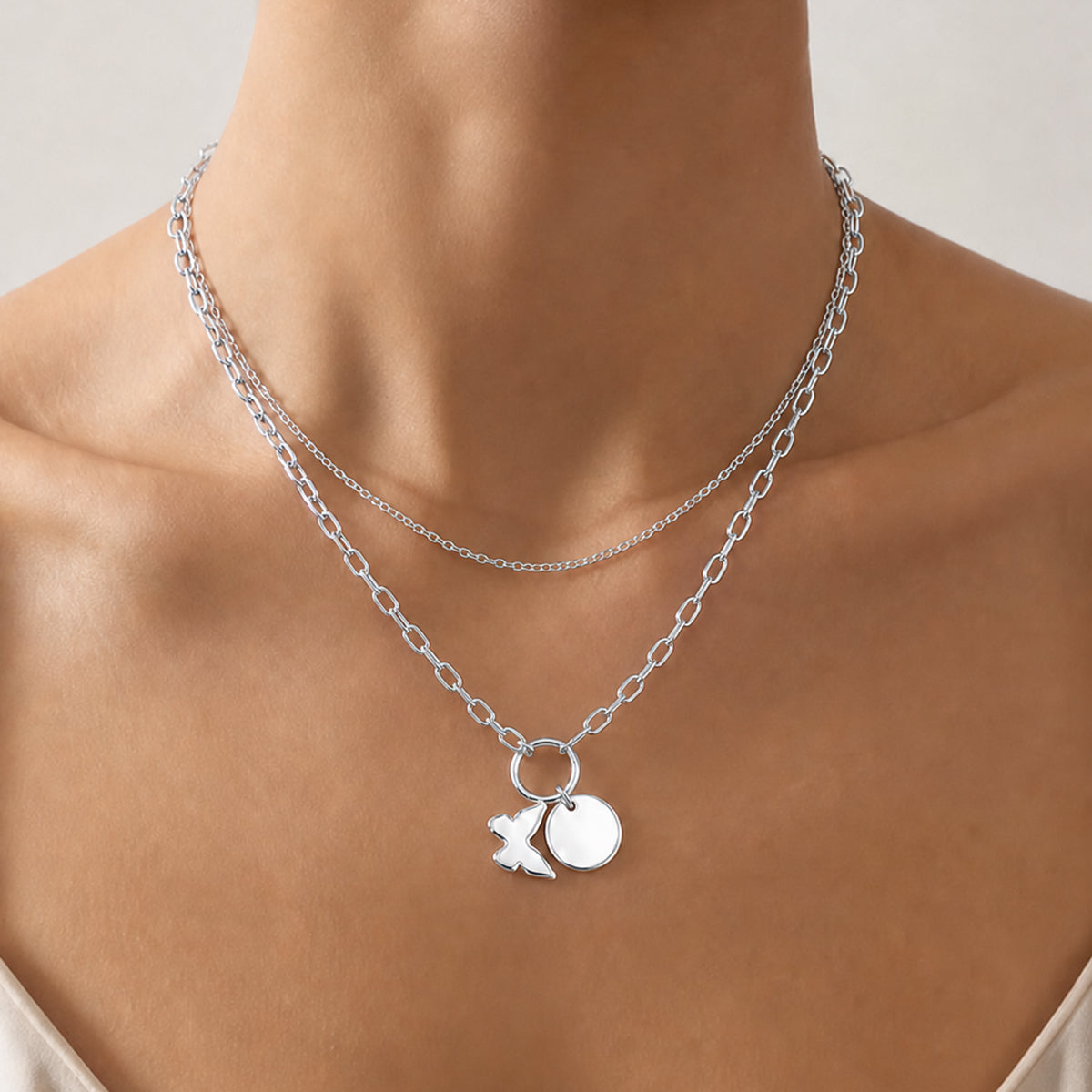Silver Layered Illusion Necklace with Engraved Charms | Personalized Double Chain Necklace | Custom Gift for Her | Dainty Paperclip Chain Necklace